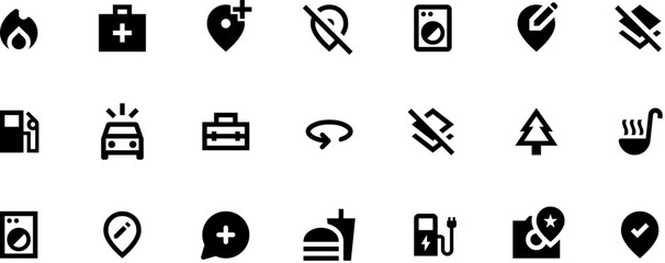 Modern minimalist black vector icons for mobile apps, white background, simple 2D flat design, high resolution web elements, professional graphics