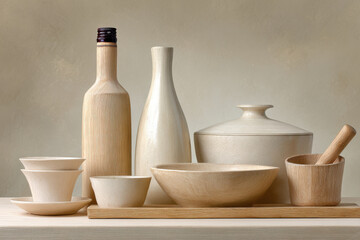 minimalist still life featuring wooden objects arranged elegantly on ultrabright clean background