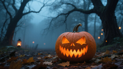 A hauntingly atmospheric Halloween scene featuring a carved jack-o'-lantern glowing with an intense orange light, sitting on a forest floor covered in autumn leaves. Halloween, Halloween Costumes