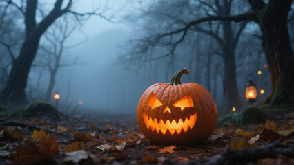 A hauntingly atmospheric Halloween scene featuring a carved jack-o'-lantern glowing with an intense orange light, sitting on a forest floor covered in autumn leaves. Halloween, Halloween Costumes
