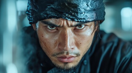 An intense chef, drenched in sweat, showcases unwavering concentration while preparing exquisite dishes in a bustling kitchen atmosphere, embodying culinary passion.