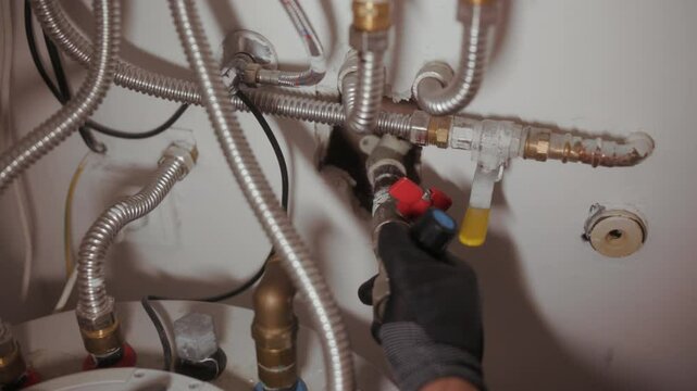 A gloved hand meticulously adjusts a red and blue valve on a complex network of metal pipes, part of a domestic water heater system. This close-up highlights the critical step of shutting off water du