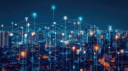 Smart city concept with skyscrapers overlaid with network lines, sensors, and digital icons representing IoT technology