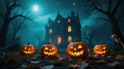 A hauntingly atmospheric Halloween scene featuring a dark, gothic mansion under a starry night sky. Halloween, Halloween Costumes, Halloween Background, Happy Halloween