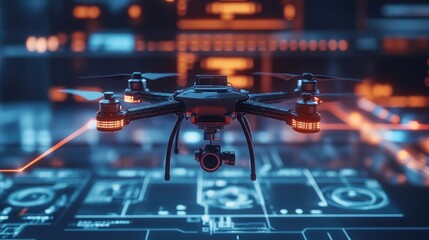 Tech drone capturing and instantly uploading surveillance footage to a control center, visualized with data beams