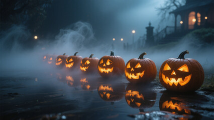 A hauntingly atmospheric Halloween scene featuring a row of carved pumpkins with glowing eyes, lined up along a misty, reflective surface that mirrors their eerie light. Halloween, Halloween Costumes