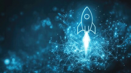 Tech startup launch banner with rocket icon, network overlays, and success arrows in motion