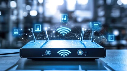 Wi-Fi router with data signal waves and connected device icons in an abstract technology theme