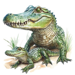 A Mother Crocodile With Her Kid, watercolor clipart vector, high quality, isolated on a white background.