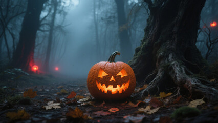 A hauntingly atmospheric Halloween scene in a dark, misty forest. Halloween, Halloween Costumes, Halloween Background, Happy Halloween