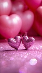 Obraz premium Two Pink Glitter Hearts on Sparkling Bokeh Background – Romantic Valentine's Day Concept