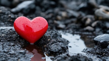 Obraz premium A vibrant red heart rests on muddy ground, glistening with droplets of water; a striking symbol of love, passion, and emotion amidst a contrasting dark background.