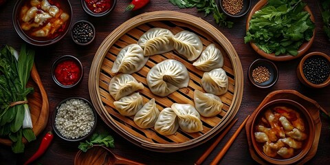 Chinese dumplings (jiaozi) arranged on a table for a festive Lunar New Year meal.