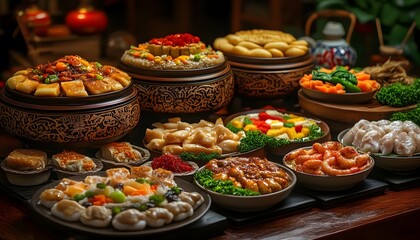 Various Chinese or Lunar New Year foods served.
