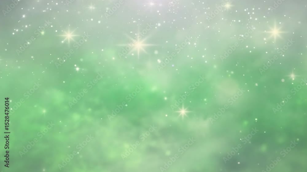 Poster dreamy green background with soft clouds and sparkling stars, creating magical and serene atmosphere