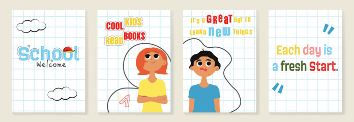 Welcome Back to school set posters with girl and boy and motivation phrases, doodle on checkered paper background, vector illustration with empty space for text.