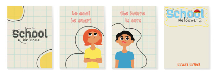 Welcome Back to school set posters with girl and boy and motivation phrases, doodle on checkered paper background, vector illustration with empty space for text.