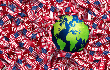 US International Tariffs Crisis USA Global Tariff Crisis and United States confusion as an international trade war with American imports and exports tax on the globe as economic uncertainty.
