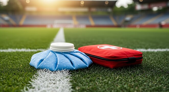 Ice packs and first aid bag on the sideline