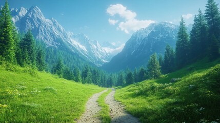 Fototapeta premium Lush valley path winding through alpine mountains