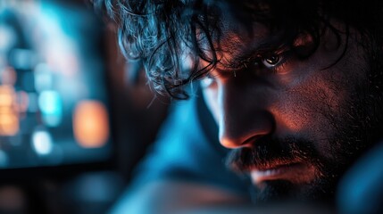 Captured in a moody light, this intense close-up portrait of a man reveals deep contemplation, inviting viewers to reflect on thoughts of seriousness and introspection.