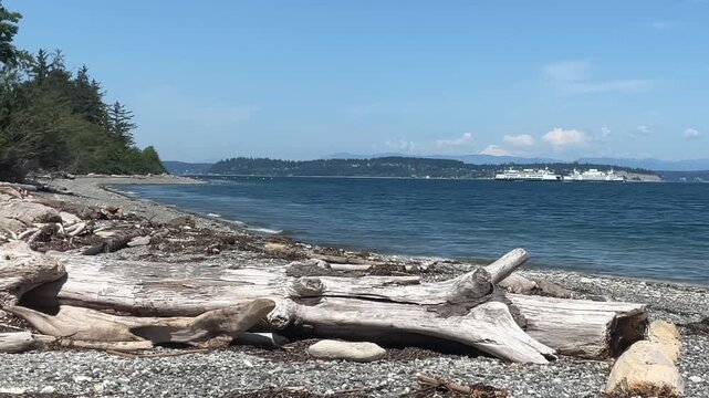Coastline of Whidbey Island with ferries in Puget sound, Washington.