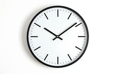 Modern wall clock with minimalistic black and white design, isolated on white background &mdash; clean and simple home decor item with no branding