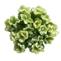 Green snack puffs, ruffled edges, aerial view on black