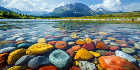 Mountain Stream with Colorful Rocks, ai generated.