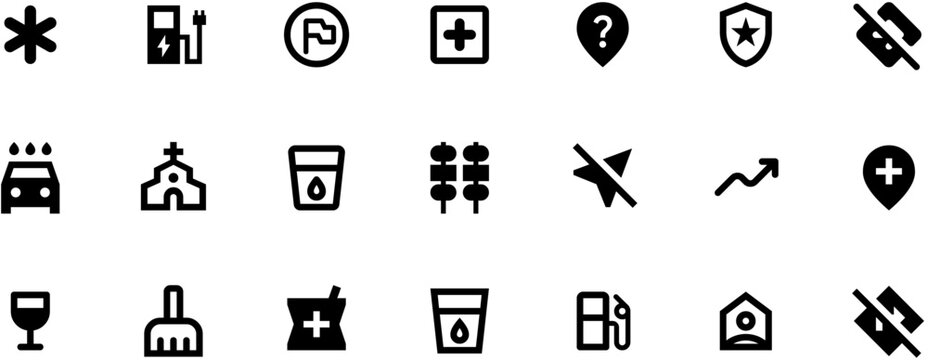 Black vector icons set for web design featuring simple shapes: plus sign with architectural details, food symbols, upward arrow, and map pin on white background.