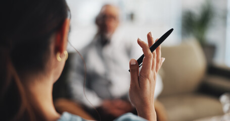 Psychologist, talking and advice for patient, hands and consultation for mental health and...