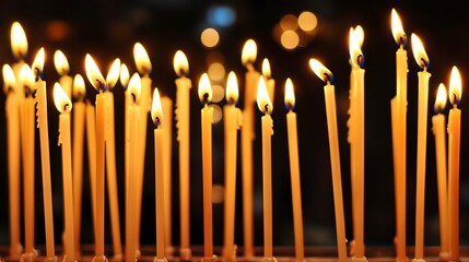 Many Lit Candles Burning Brightly in Dark Background