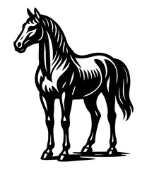 Obraz premium Black SVG silhouette of a horse in side view, standing or galloping. Minimalist vector with clean lines, isolated object ideal for farm, nature, or equestrian themes.