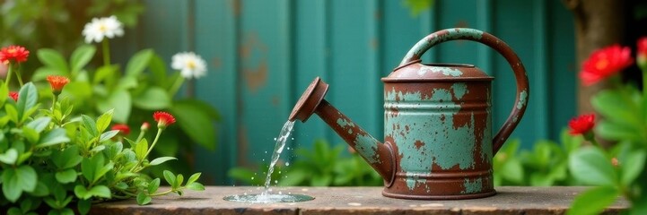 Rustic metal watering can, weathered paint, lush garden backdrop, tool, weathered, botany