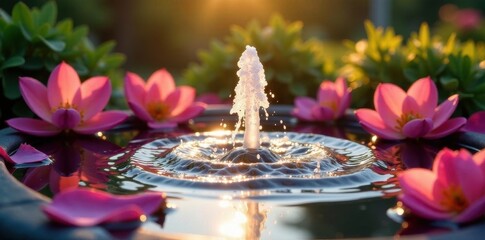 Dew-kissed petals surround a gently bubbling fountain, bathed in soft morning light , illuminated, gentle