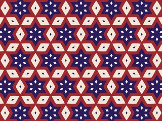 Seamless geometric pattern with repeating star shapes in navy blue, red, and cream, creating a bold and visually striking design.