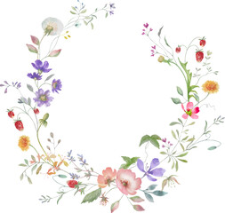 Watercolor floral wreath with cute wildflowers, rose hip, wild strawberries . Hand-drawn floral illustration. Vector EPS.