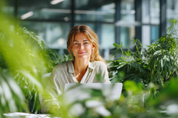 Woman working in green office space