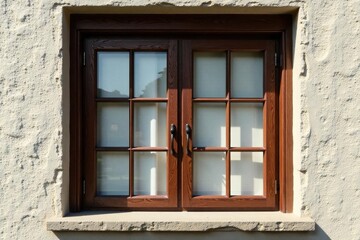 Rectangular brown windowpane, wood frame, wall texture, weathered, brown window