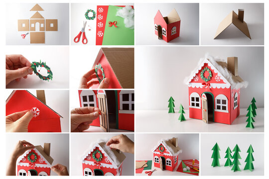 image collage showing full process of building cardboard Christmas house. Great for holiday marketing, seasonal campaigns, and kids crafting workshops