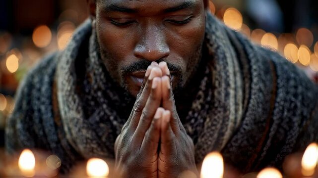 Closeup of a man with his hands pressed together in front of his chest, his head bowed and eyes closed in prayer, surrounded by the soft glow of candles at the shrine.