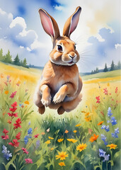 Joyful Bunny's Meadow: A cheerful bunny hops gracefully through a vibrant field of wildflowers under a bright blue sky dotted with fluffy clouds, embodying springtime's essence.