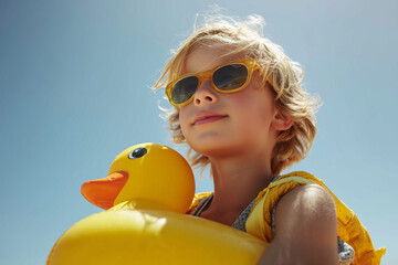 Cute boy with inflatable duck and sunglasses