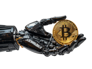 Metal hand holds gold coin. Dark background