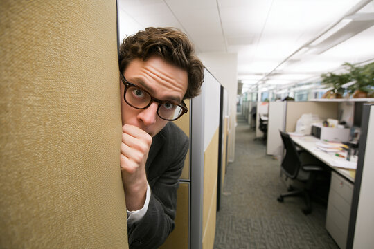 Worried employee peeking from cubicle