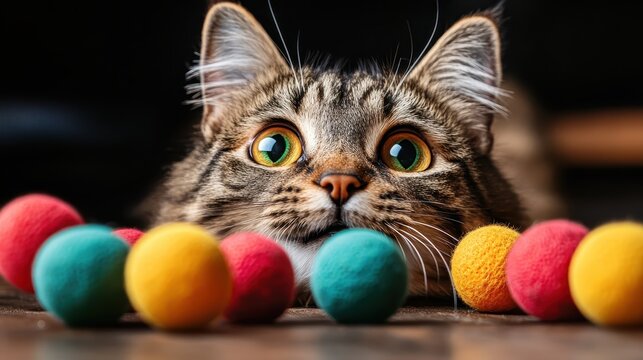 A playful cat gazes inquisitively at colorful balls, showcasing its curiosity and charm in a lively setting that captures the spirit of playfulness and feline personality.