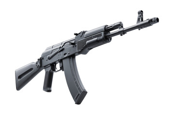 A black AK-47 rifle is displayed on a white background