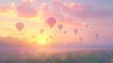 Hot Air Balloons Float Over a Field of Flowers at Golden Hour