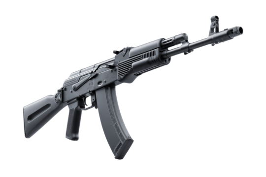 A black AK-47 rifle is displayed on a white background