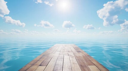 Obraz premium Wooden dock extending into a calm ocean under a bright sunny sky with fluffy clouds.